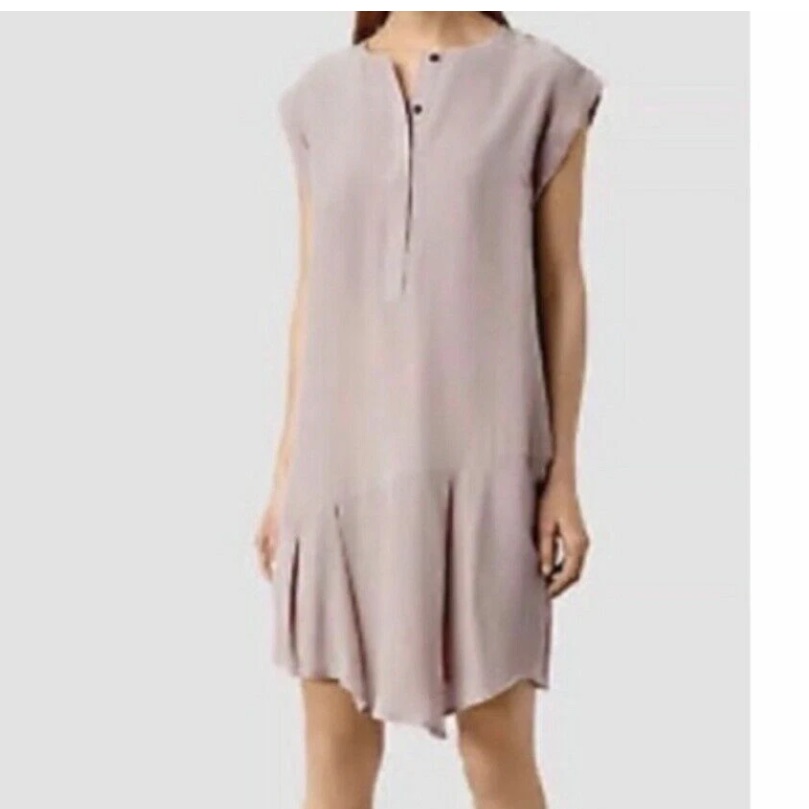 All Saints Roka Mini Shift Dress Size 8 Rose Pink Silk Blend Asymmetric Hem